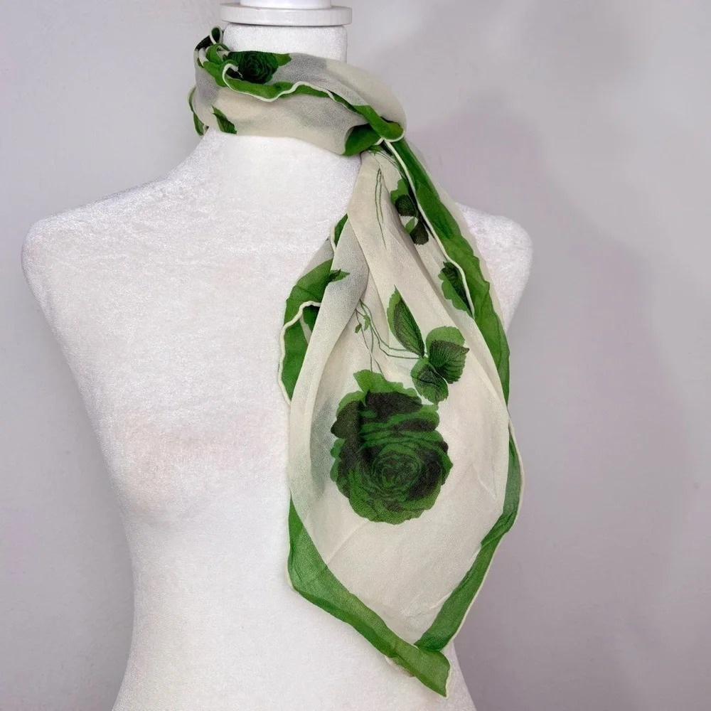 Vintage semi sheer, silky, crêpe, precious floral green rose printed scarf